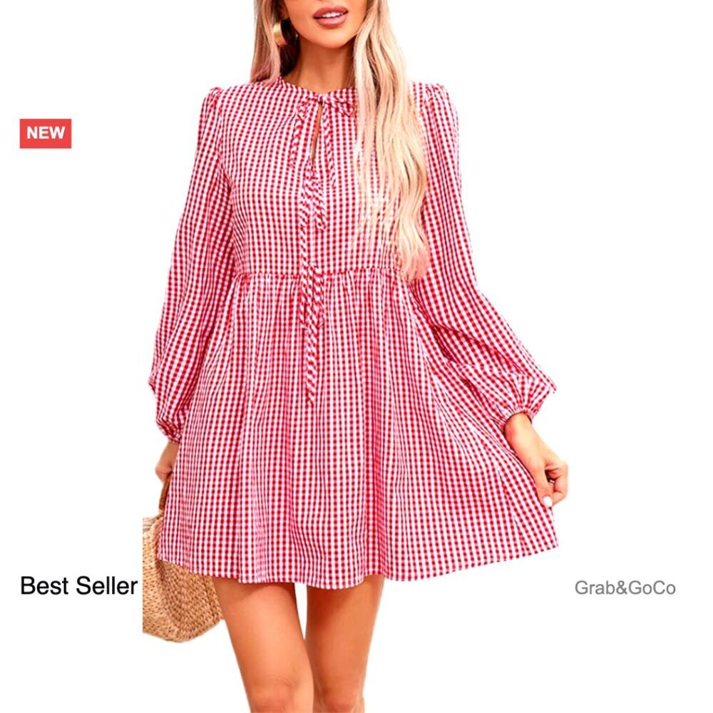 Gingham Babydoll Mini Dress Long Sleeve Flowy Casual Fall Preppy Tie Neck
